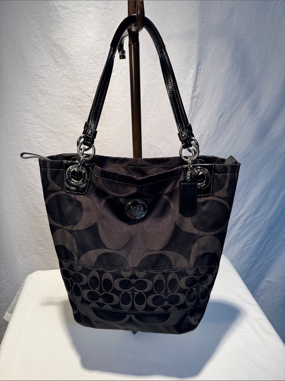Coach Black Signature Jacquard Tote with Patent Leather Handles